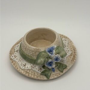 Vintage Kathy Hatch Collection Ceramic Candleholder • Straw Hat with Pansies